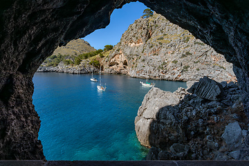 Image showing Pleasure boats stranded in the cove, Sa Calobra