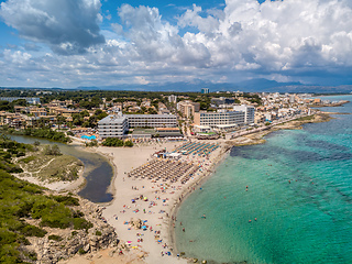 Image showing Cityscape and beach drone landscape panorama Can Picafort Mallorca Spain.