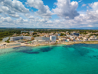 Image showing Cityscape and beach drone landscape panorama Can Picafort Mallorca Spain.