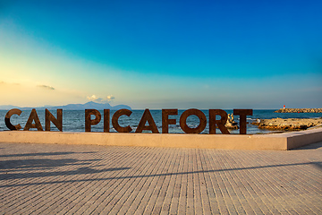 Image showing Signpost on promenade. Can Picafort Beach. Balearic Islands Mallorca Spain.