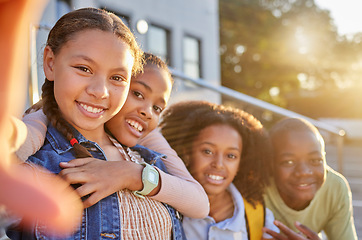 Image showing Girls, boy and bonding diversity selfie on community school, education or learning campus social media, about us or memory. Portrait, smile and happy children, students or friends in photography pov