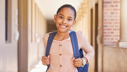 Image showing Happy, school girl and portrait smile with backpack for learning, education or childhood development at academy. Female teenager smiling for school and eager to learn, study or ready for class time