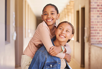 Image showing friends, school and portrait of children doing piggyback, having fun and playing together at primary school. Education, back to school and young female students excited for learning, class and lesson