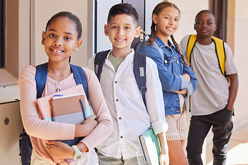 Image showing Children, education and school with books and learning portrait, waiting for class and happy to learn. Youth, students and diversity with friendship and kids at academy or primary school.