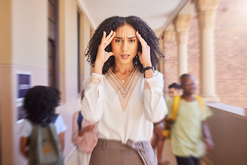 Image showing Black woman, teacher and headache stress at school, academy or learning campus with blurred background. Africa woman, portrait and pain for mental health, burnout or tired in education workplace