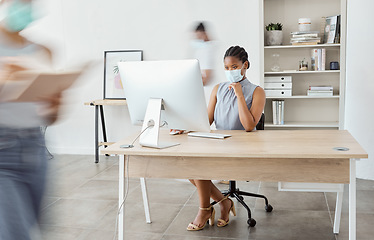 Image showing Covid, office and black woman with busy people with face mask for health safety in workplace. Corporate, business and female worker using internet, working on computer and focused at desk in pandemic