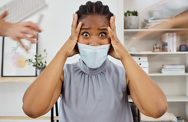 Image showing Covid, stress and business black woman with time management, information update and office workplace risk report in hands. Anxiety, burnout and headache human resources manager in covid 19 face mask