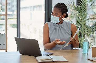 Image showing Covid, laptop and black woman on a video call marketing a business proposal or startup paperwork feedback. Agenda, coronavirus and African employee in mask speaking, communication or talking online