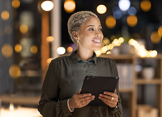 Image showing Night, tablet and business black woman in digital marketing for innovation planning, online strategy and internet research in bokeh office. Happy global manager with analytics report for tech company