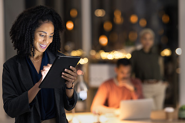 Image showing Night business, black woman and tablet planning, research and online information, web app and technology in marketing agency. Young female entrepreneur, digital management and internet in dark office