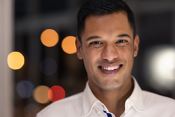 Image showing Business man portrait, smile and night working of a accountant worker ready for late financial job. Corporate businessman with finance company growth vision happy about accounting office work