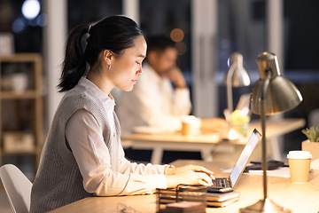 Image showing Night, laptop and woman with digital marketing research for creative social media posts, content and ideas. Focus, startup and Japanese worker typing or working on an advertising strategy in a office