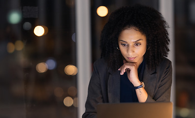 Image showing Night, overtime and business woman on a laptop working late on a corporate project in her office. Professional, dark and company manager planning management report, strategy or document in workplace.