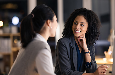 Image showing Night, office and business meeting women with teamwork, collaboration and brainstorming global marketing ideas for client negotiation. Corporate employees in dark workplace for strategy communication