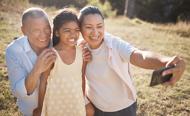 Image showing Selfie, phone and family in countryside for outdoor journey, travel or adventure together with mother, child and senior man. Happy family, Philippines and smartphone photography with kid for holiday