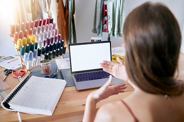 Image showing Laptop, video call and fashion designer planning meeting for advertising, digital marketing or product placement on blank screen. Creative online conference, woman and stylist working at studio desk