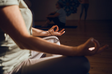 Image showing Meditation, zen and lotus hands, mindfulness and chakra balance with yoga and positive energy in fitness studio. Woman meditate, wellness motivation and peace, calm with stress relief and relax.
