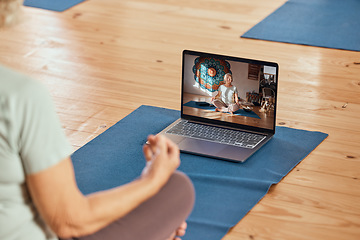 Image showing Yoga, laptop and woman doing video exercise for health, wellness and balance in zen studio. Calm, peace and healthy lady with meditation or pilates workout with online tutorial guidance with computer