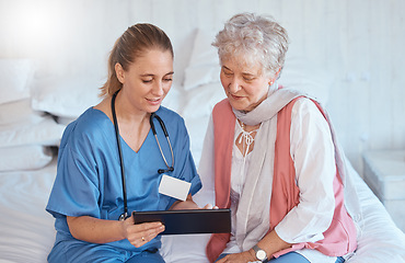 Image showing Doctor, tablet and elderly patient in checkup, consultation or visit at home for diagnosis or prescription. Healthcare nurse holding touchscreen showing consultation exam or insurance in elderly care