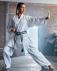 Image showing Karate training, fitness and woman in gym, healthcare motivation and strong focus for fight workout. Fist, sport exercise and healthy athlete person or martial arts wellness for taekwondo competition