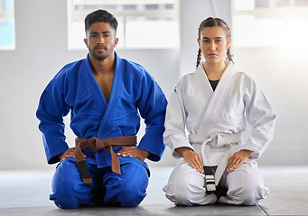 Image showing Karate, man and woman in portrait together with focus determination for fitness, wellness or training. Couple, martial arts and sitting knees in gym, dojo or club for exercise, fight sport or workout