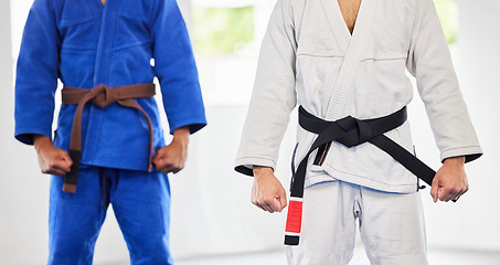 Image showing Karate, dojo and men in uniform for training, exercise or a fight competition, tournament or championship. MMA, martial arts and fighter athletes in a gi suit for a workout or practice in a gym.
