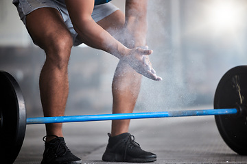 Image showing Strong man, powder hands and barbell exercise, challenge and workout in gym, fitness club and body muscle. Closeup of bodybuilder, chalk and weightlifting, grip and training, performance and power