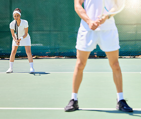 Image showing Teamwork, sports and tennis with woman on court for fitness, support and training. Collaboration, health and games with tennis player ready to start competition for goals, vision and summer workout