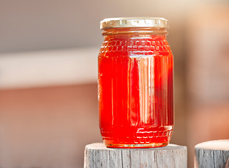 Image showing Honey, jar and background of glass, healthy nutrition and sugar production from bee farming, organic and sustainability from nature. Closeup bottle, liquid and honeycomb container, package and syrup