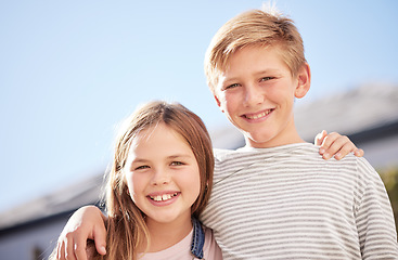 Image showing Happy, smile and portrait of children siblings bonding outdoor in a backyard garden together. Happiness, love and kids standing and playing outside in the sun for adventure while on summer holiday.