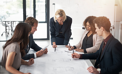 Image showing Business people, architect and blueprint in meeting, planning or team brainstorming on table at office. Group of contract engineers in teamwork, floor plan or documents for industrial architecture