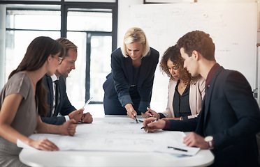 Image showing Business people, architect and blueprint in meeting, strategy or planning for brainstorming at the office. Group of contract engineers in teamwork, floor plan or documents for industrial architecture