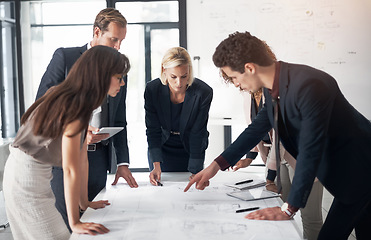 Image showing Business people, architect and blueprint documents in meeting, collaboration and planning for strategy at office. Group of engineers in teamwork discussion or floor plan for industrial architecture