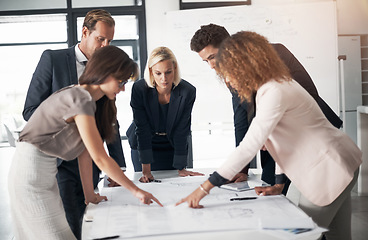 Image showing Business people, blueprint and meeting in collaboration for construction planning or strategy at office. Group of engineers in teamwork discussion, floor plan or documents for industrial architecture