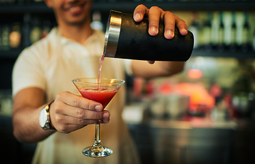 Image showing Barman hands, cocktail glass and man make alcohol beverage at pub, night club or drinks bar. Hospitality service, restaurant barmen and male nightclub person prepare fruit drink, liquid or liquor