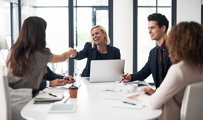 Image showing Business people, handshake and meeting for hiring, partnership or collaboration at office conference. Happy woman shaking hands with employee in recruiting, team growth or agreement deal at workplace