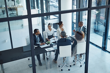 Image showing Collaboration, team and business people in the office for brainstorming, discussion or planning. Teamwork, company and group of corporate employees working on project together in workplace boardroom.