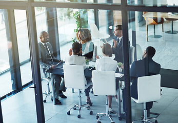 Image showing People, business and meeting in the office, building and professional workplace for group in collaboration and teamwork. Businesspeople, board room and success in business and project management