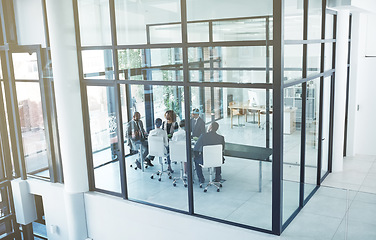 Image showing Business, people and meeting in the office, building and professional workplace for group in collaboration and teamwork. Businesspeople, board room and discussion of business and project management