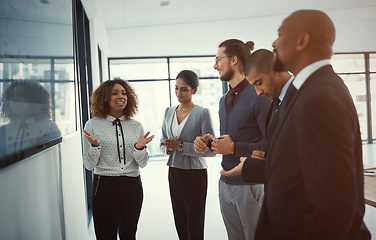 Image showing Presentation, speaker and meeting with business people in office for project management, coaching and strategy. Chart, idea and teamwork with woman in workshop for training, seminar and planning