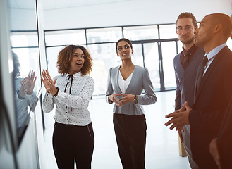 Image showing Presentation, strategy and clients with business people meeting for project management, coaching and teamwork. Chart, idea and speaker with woman in workshop for training, seminar and planning