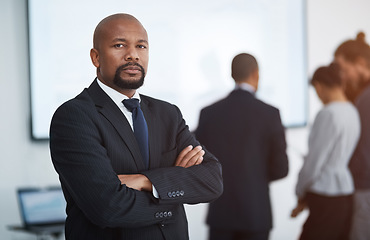 Image showing Serious, business man and arms crossed portrait in a corporate board room with professional management. Success, executive and African male manager at a workplace with leadership and job vision