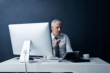 Image showing Thinking, tablet and business man in office online for research, internet and browse website. Networking, corporate worker and mature male person on digital tech for ideas, email and planning