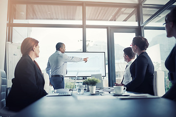 Image showing Presentation, leader and presenter in meeting for a report or corporate workshop for sales in startup company. Board, manager and business man or speaker talking about growth or development strategy