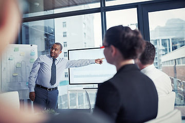 Image showing Business meeting, screen and man in presentation of charts, graphs and timeline for profit, increase and finance. Financial data, corporate statistics and people, clients or manager on office monitor
