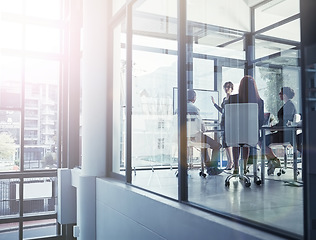 Image showing Speaker in presentation, glass or business people in a meeting for financial analysis or sales report. Data analytics, manager or leader planning a growth strategy on screen monitor in mentorship