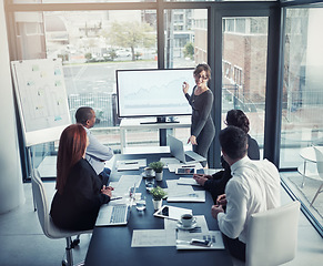 Image showing Business meeting, monitor and woman presentation of charts, graphs and timeline for profit, increase and finance. Financial data, corporate statistics and people, clients or manager on office screen