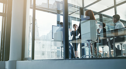 Image showing Training, woman speaker or business people in a presentation for sales report or financial analysis. Teaching, leadership or manager planning in a corporate meeting on screen monitor in mentorship