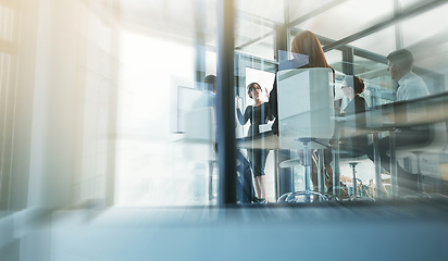 Image showing Coaching, woman speaker or business people in presentation for sales report or financial analysis. Teaching blur, leadership or manager planning in a meeting on screen monitor in mentorship training