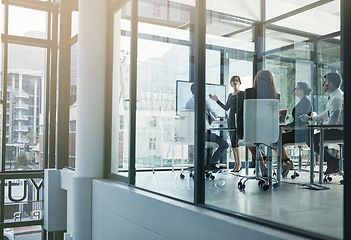 Image showing Speaker in presentation, woman or business people in a meeting for financial growth or sales report. Data analytics, manager or leader planning a corporate strategy on screen monitor in mentorship